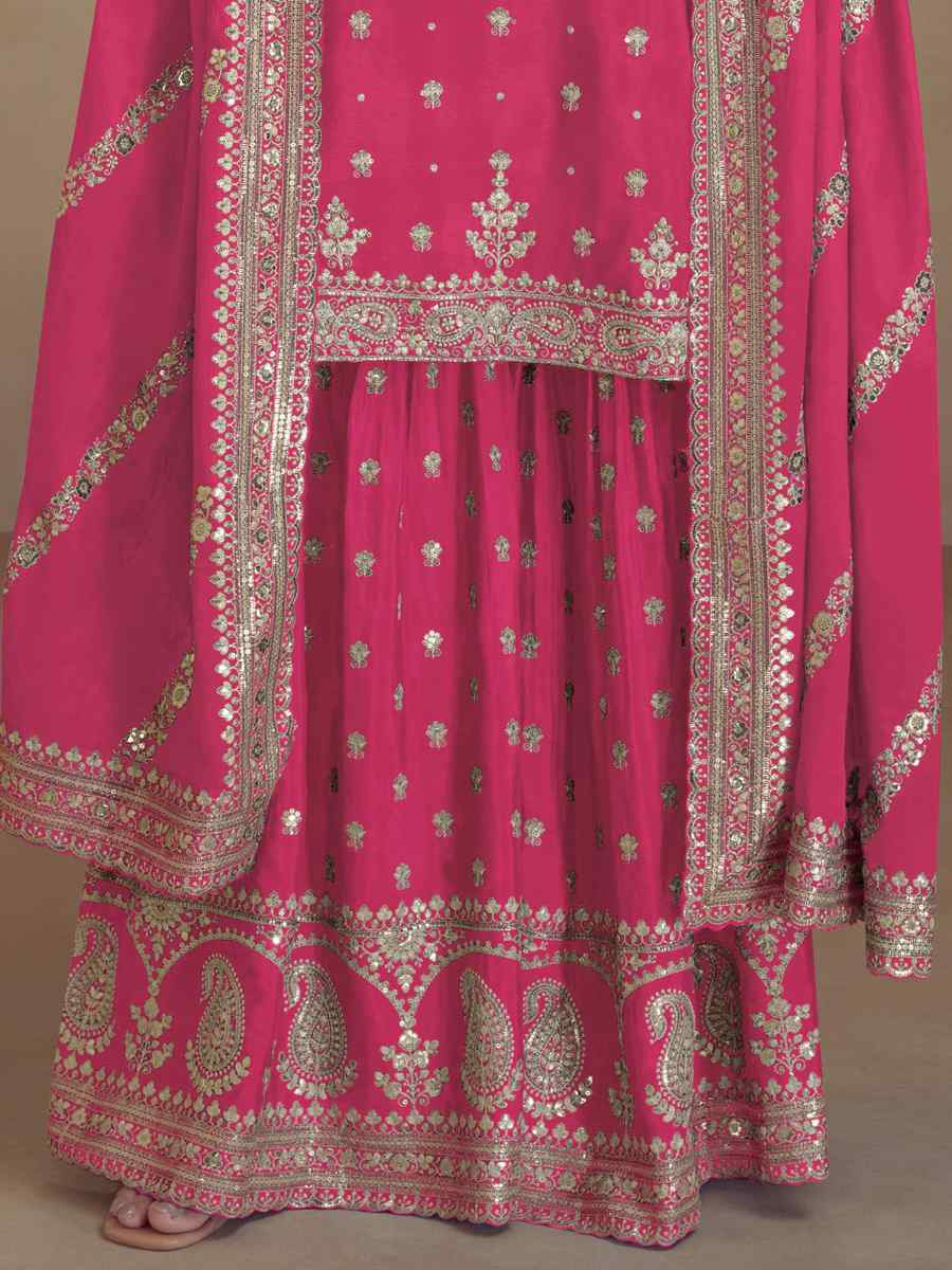 Pink Heavy Silk Embroidered Festival Wedding Sharara Pant Salwar Kameez