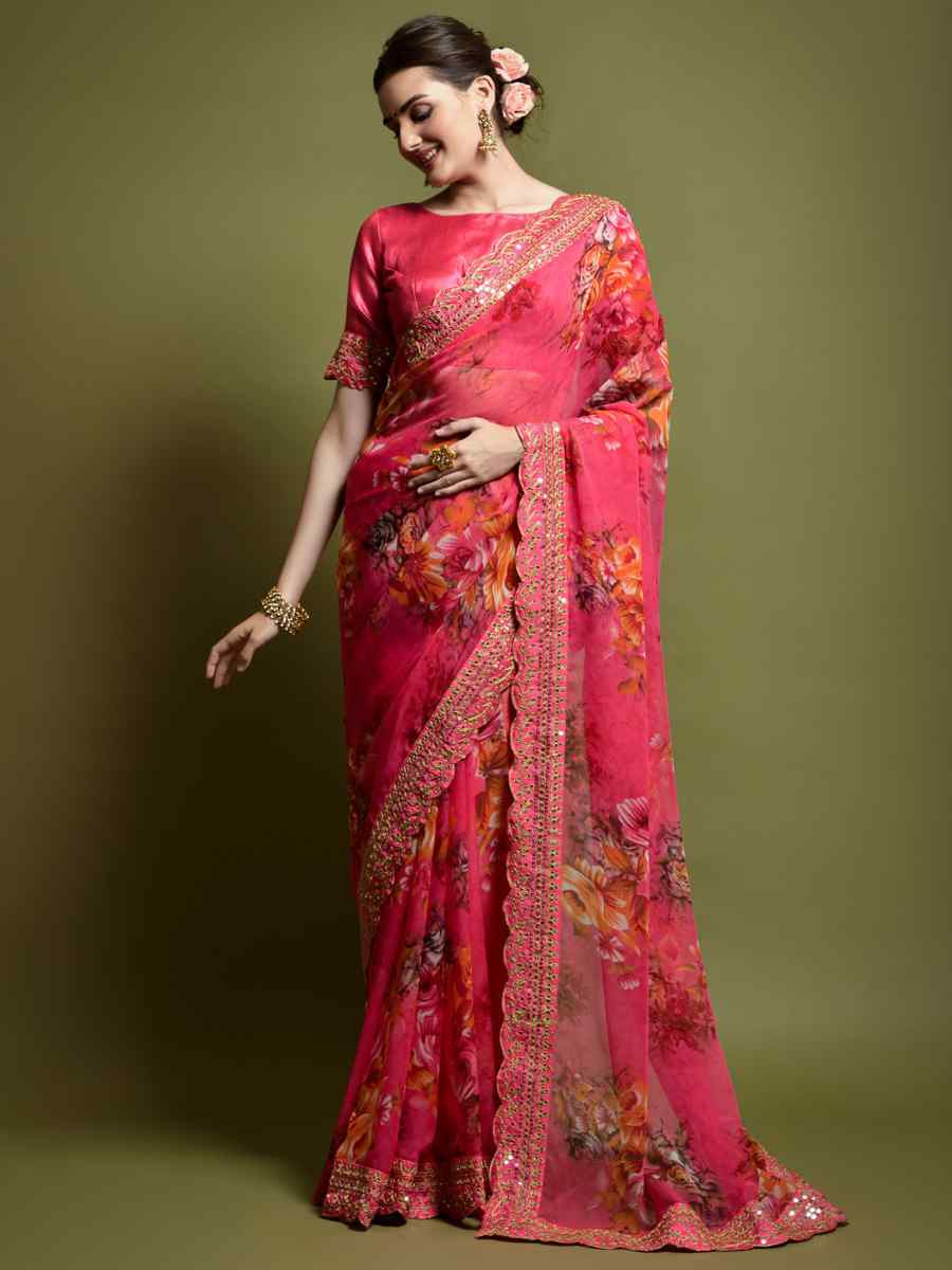 Pink Heavy Soft Chiffon Handwoven Festival Wedding Heavy Border Saree