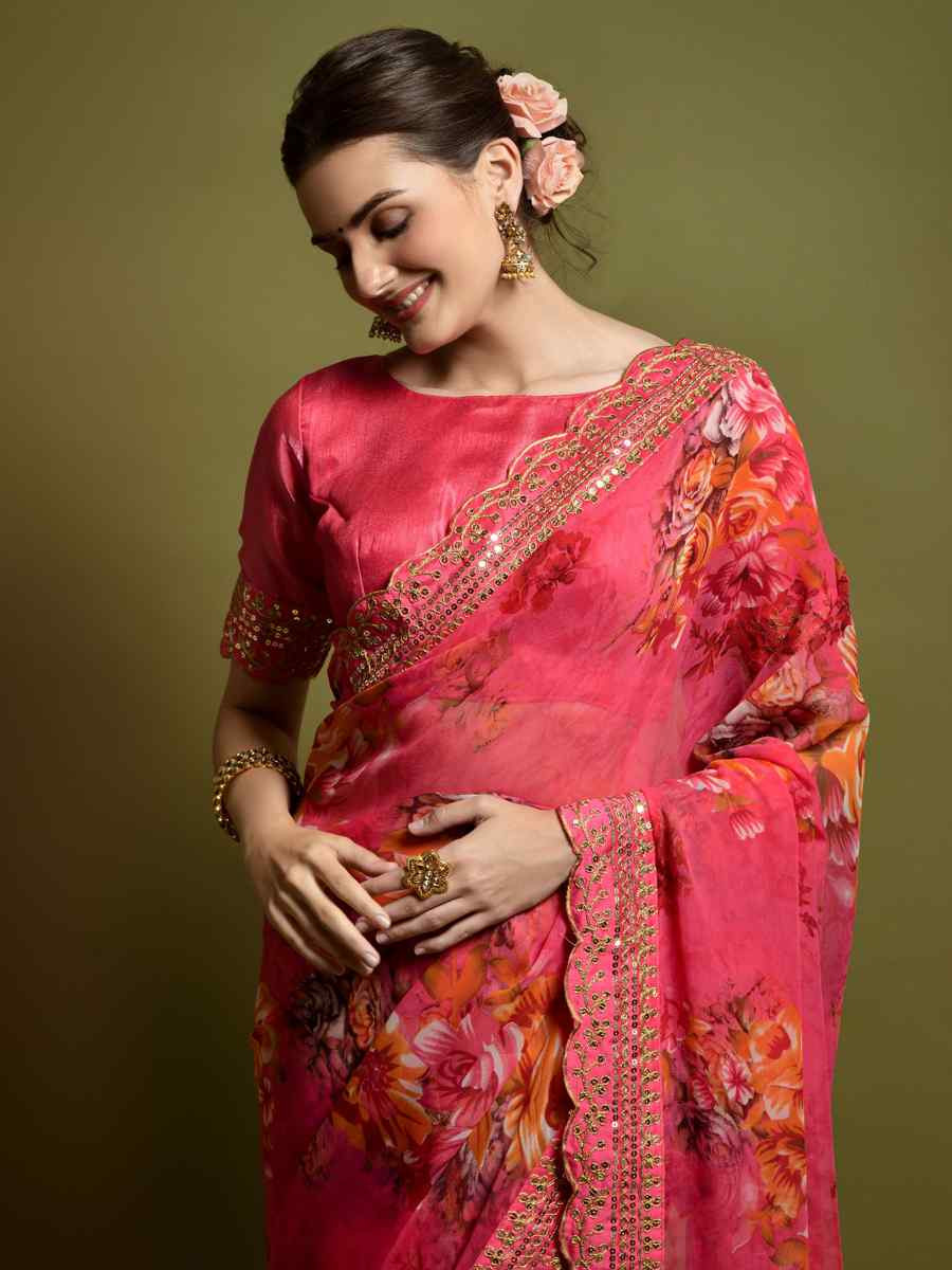 Pink Heavy Soft Chiffon Handwoven Festival Wedding Heavy Border Saree