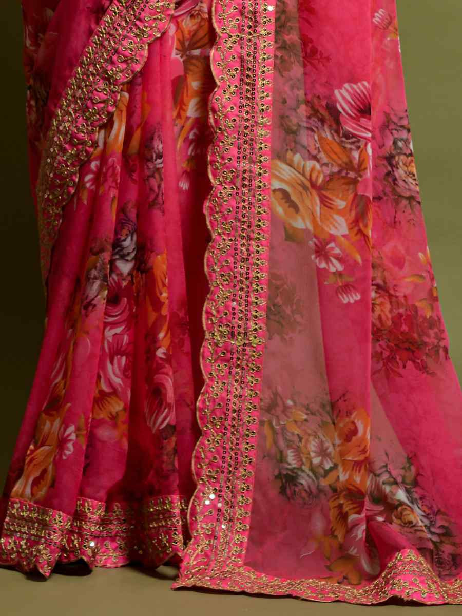 Pink Heavy Soft Chiffon Handwoven Festival Wedding Heavy Border Saree