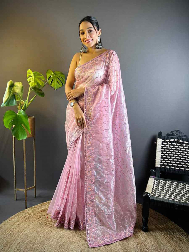 Pink Heavy Teal Net Embroidered Festival Wedding Heavy Border Saree