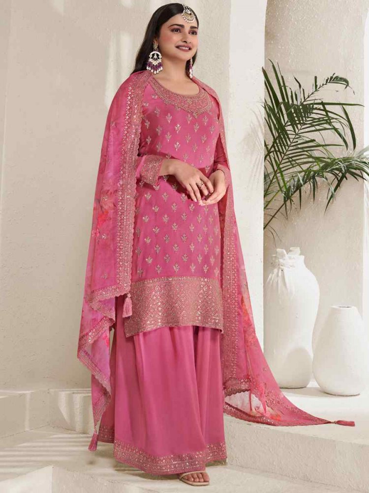 Pink Heavy Viscose Chinon Embroidered Festival Wedding Sharara Pant Salwar Kameez