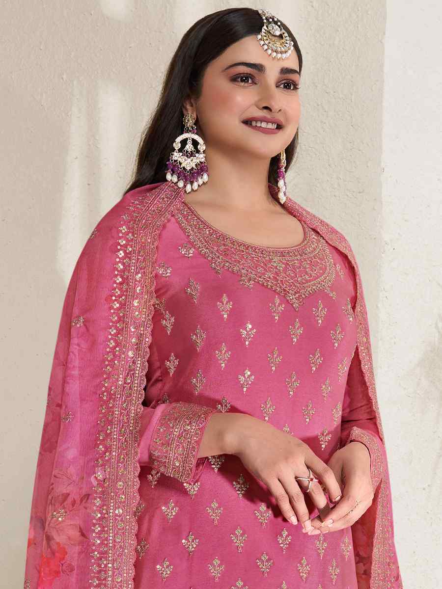 Pink Heavy Viscose Chinon Embroidered Festival Wedding Sharara Pant Salwar Kameez