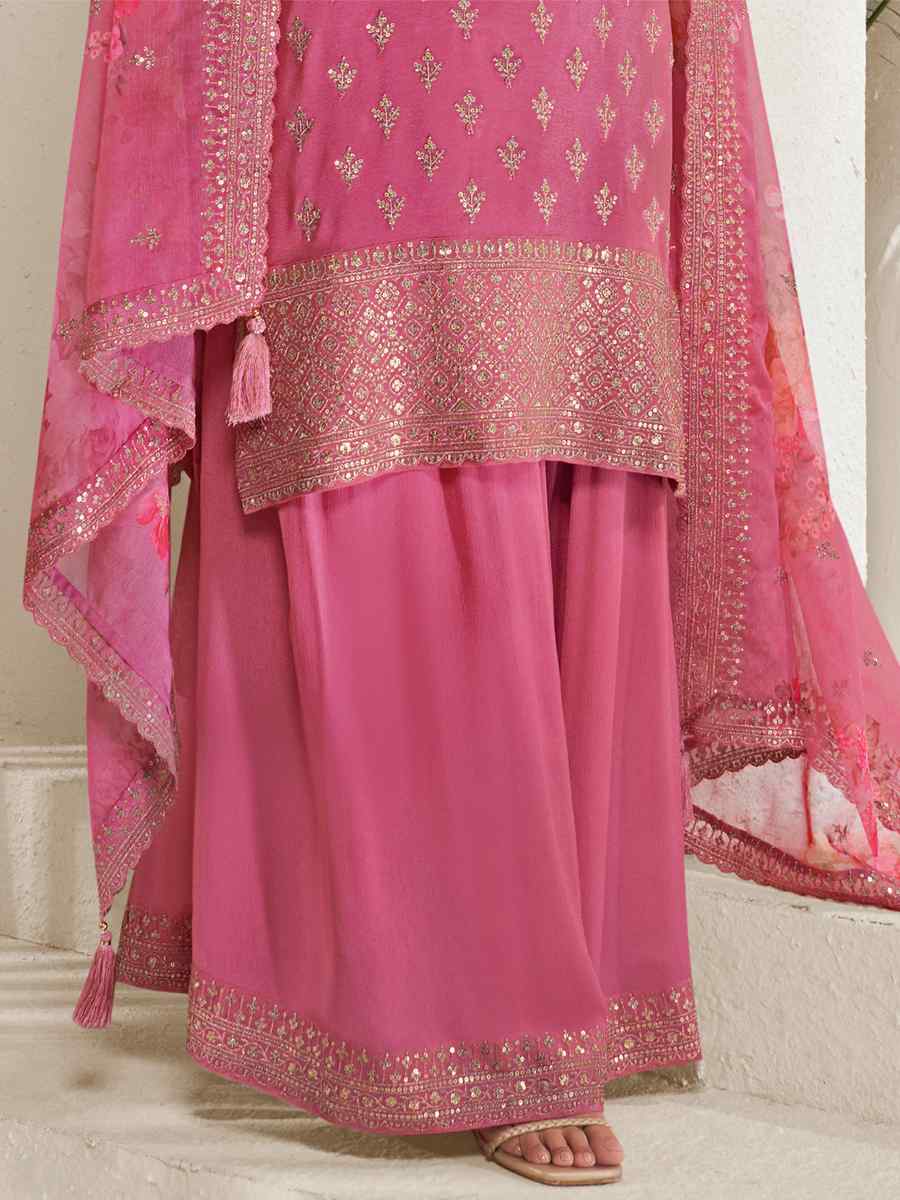 Pink Heavy Viscose Chinon Embroidered Festival Wedding Sharara Pant Salwar Kameez