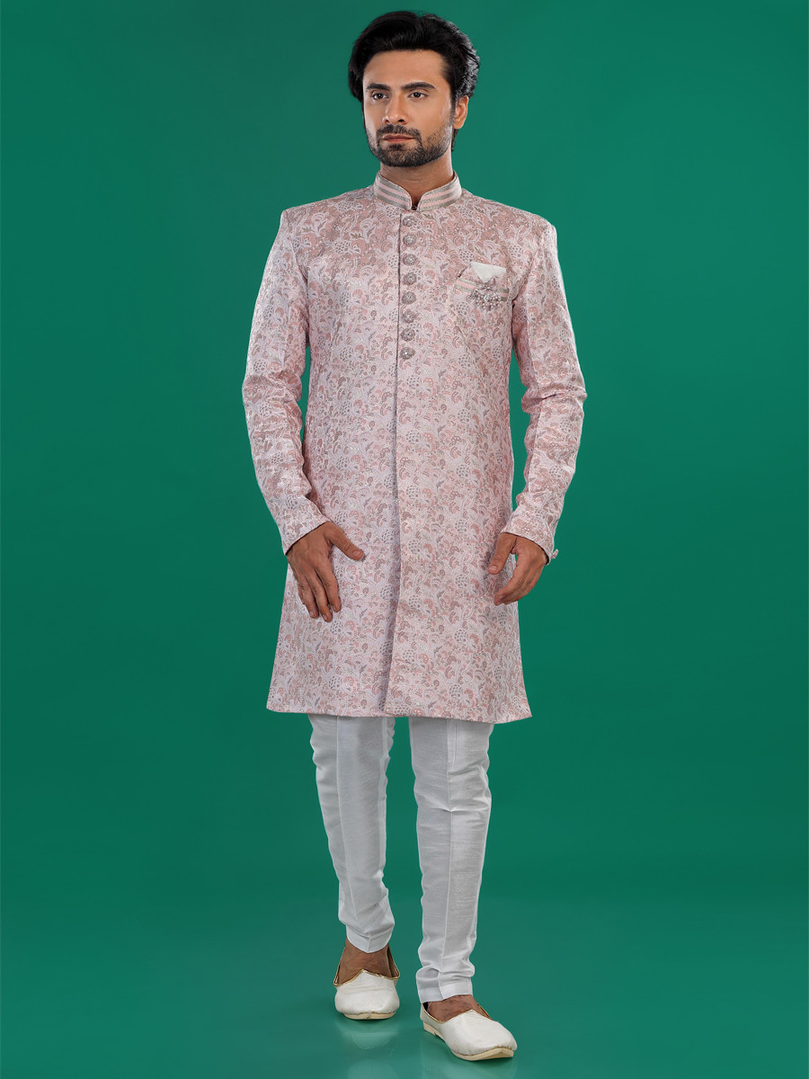 Pink Jacquard Silk Brocade Embroidered Party Wedding Kurta