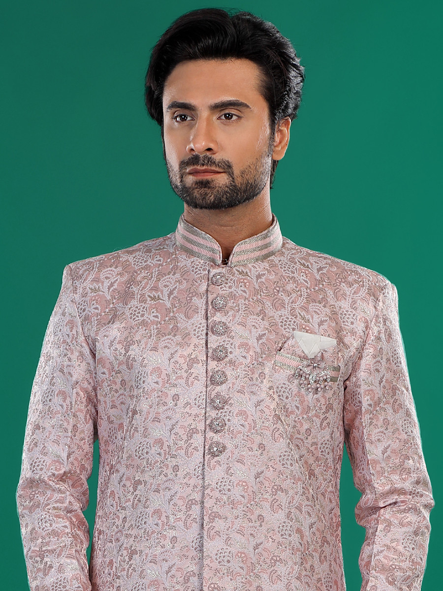 Pink Jacquard Silk Brocade Embroidered Party Wedding Kurta