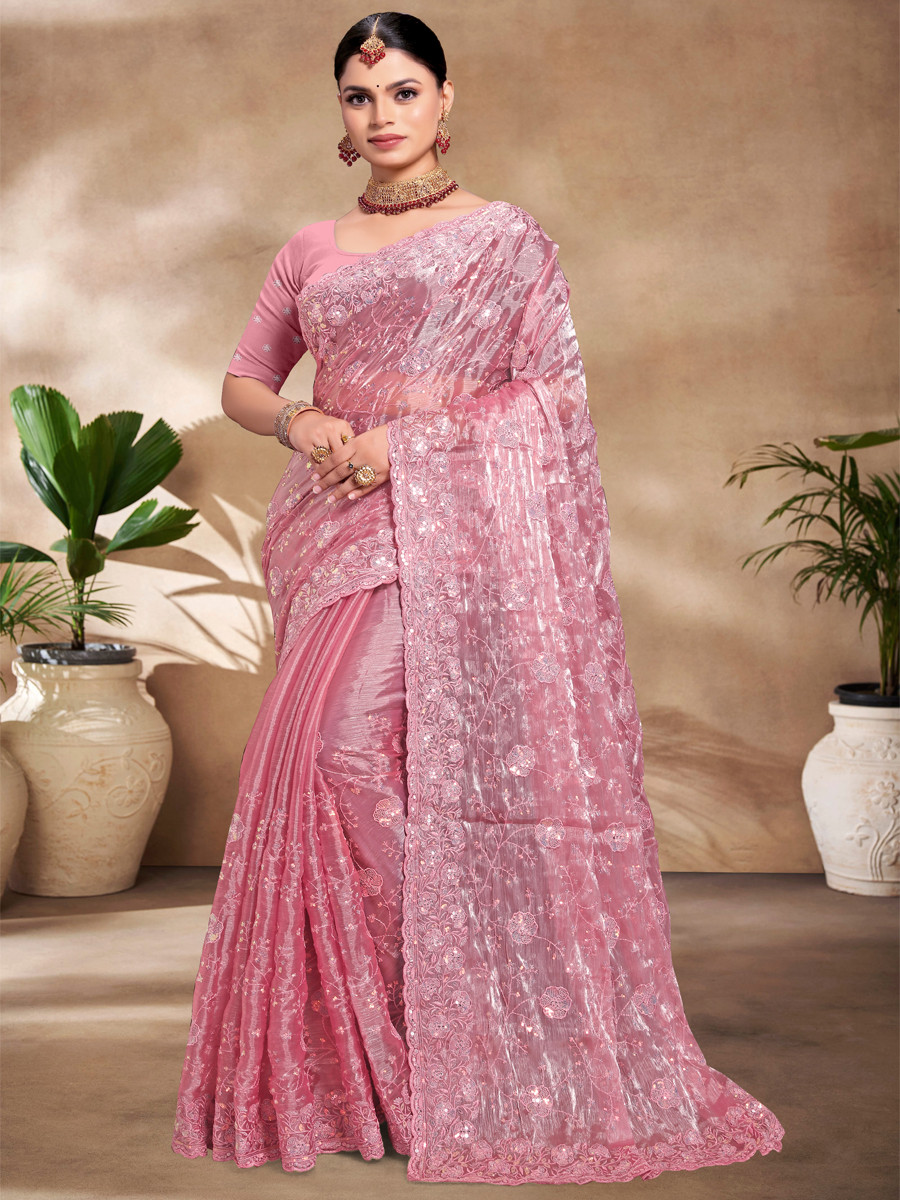 Pink Jimmy Choo Silk Embroidered Reception Wedding Heavy Border Saree