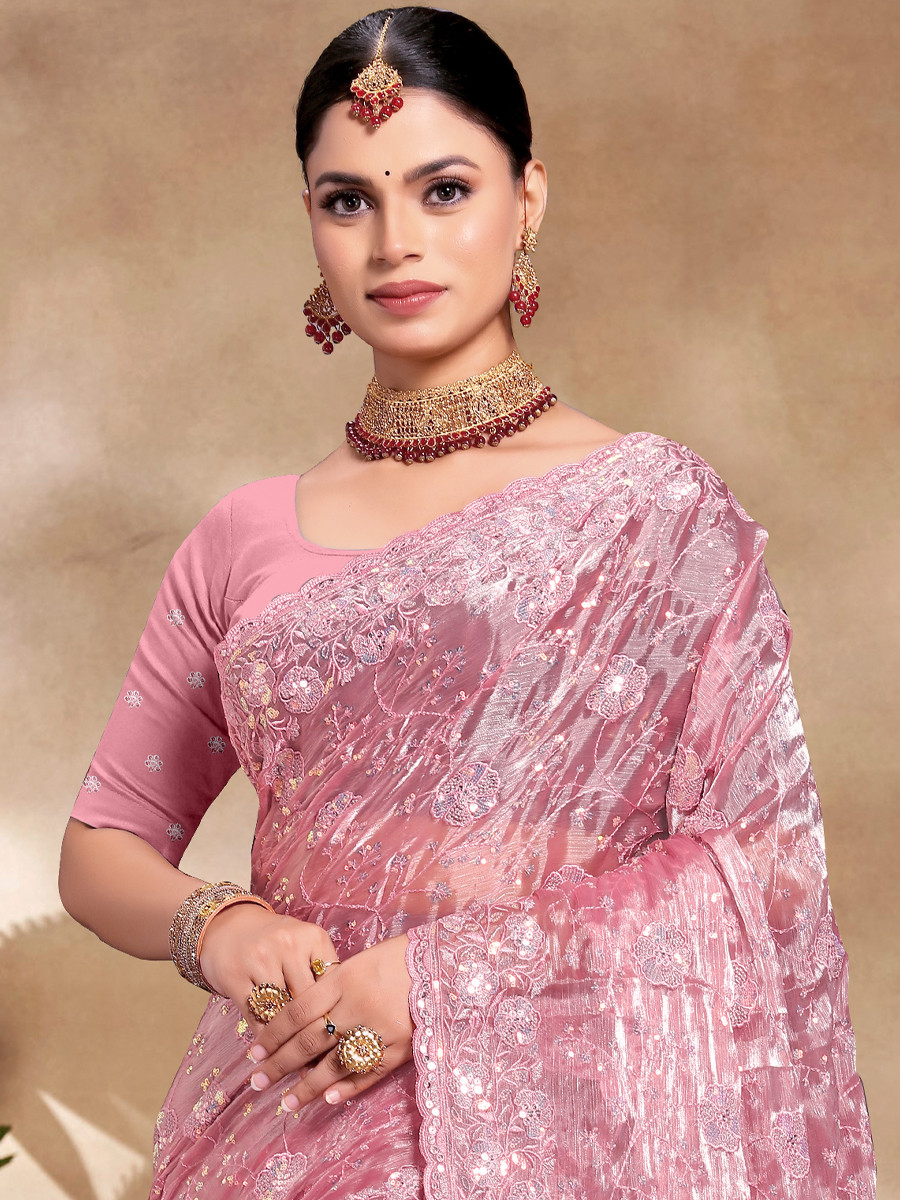 Pink Jimmy Choo Silk Embroidered Reception Wedding Heavy Border Saree