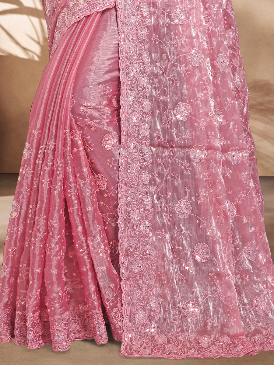 Pink Jimmy Choo Silk Embroidered Reception Wedding Heavy Border Saree