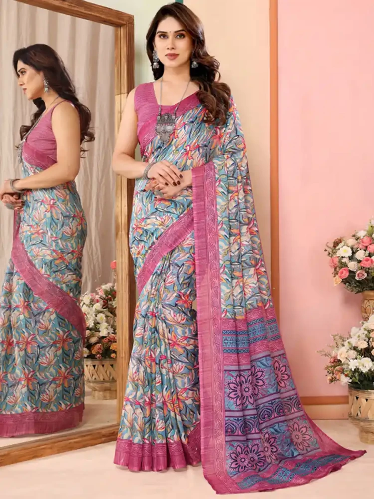 Pink Kota Doriya Printed Festival Casual Contemporary Saree