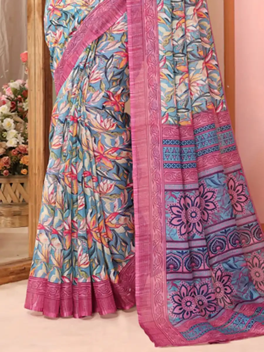 Pink Kota Doriya Printed Festival Casual Contemporary Saree