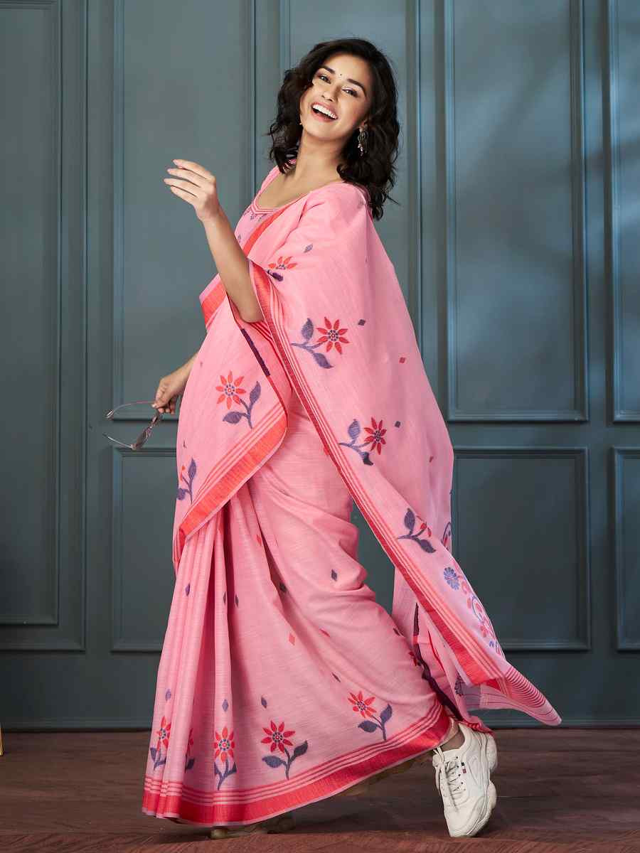 Pink Linen Handwoven Festival Casual Classic Style Saree