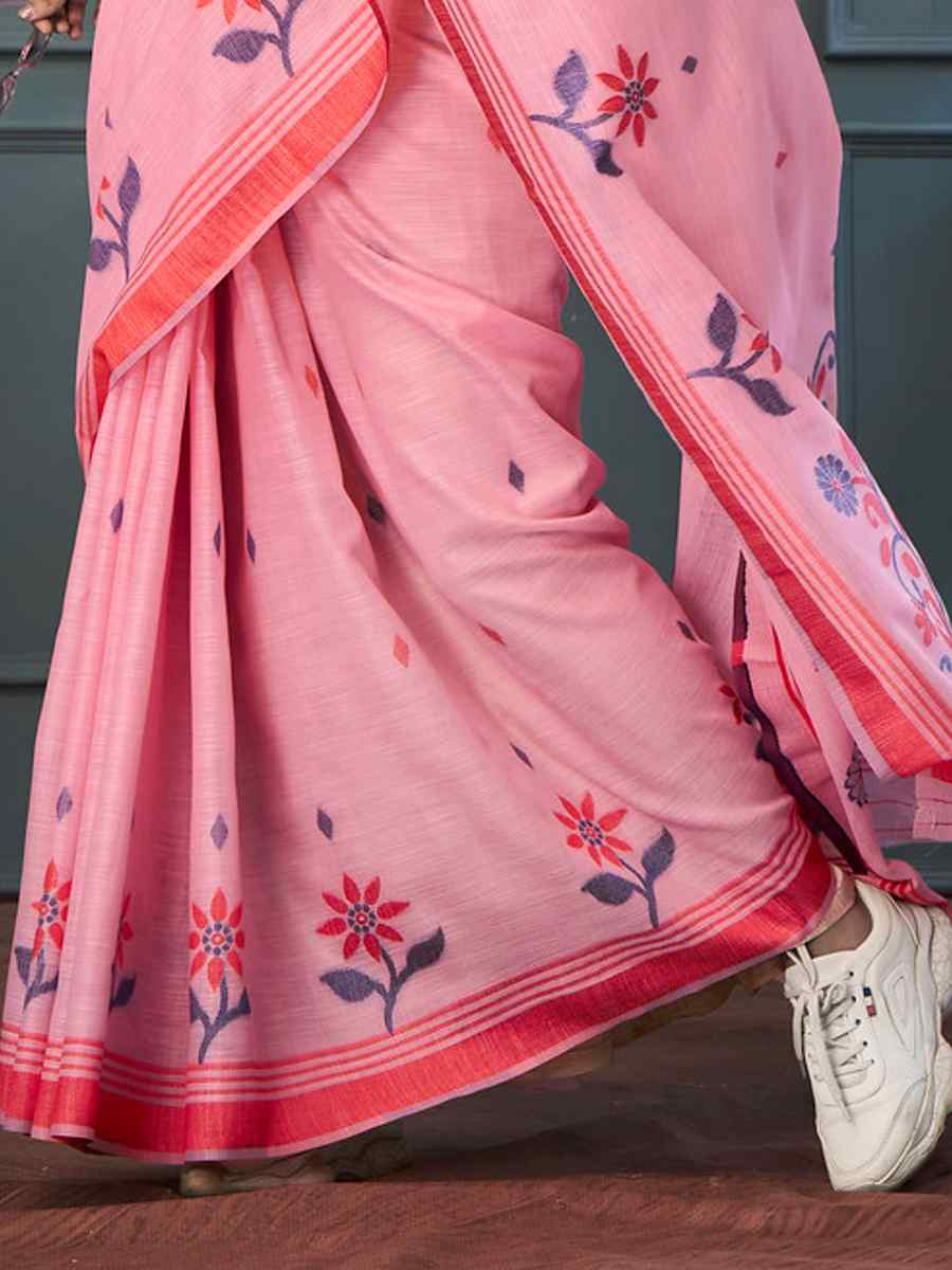 Pink Linen Handwoven Festival Casual Classic Style Saree