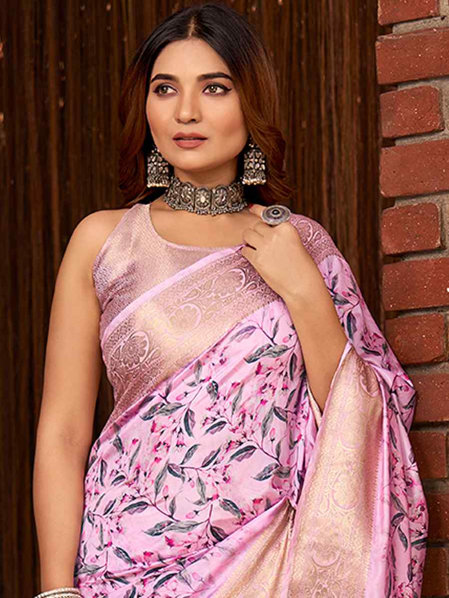 Pink Litchi Jacquard Printed Festival Casual Classic Style Saree