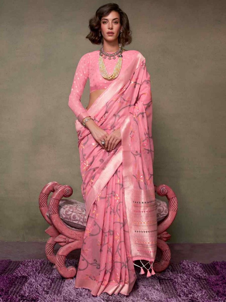 Pink Malmal Cotton Handwoven Wedding Festival Heavy Border Saree
