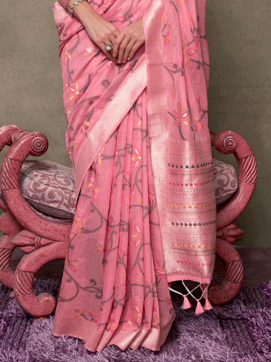 Pink Malmal Cotton Handwoven Wedding Festival Heavy Border Saree