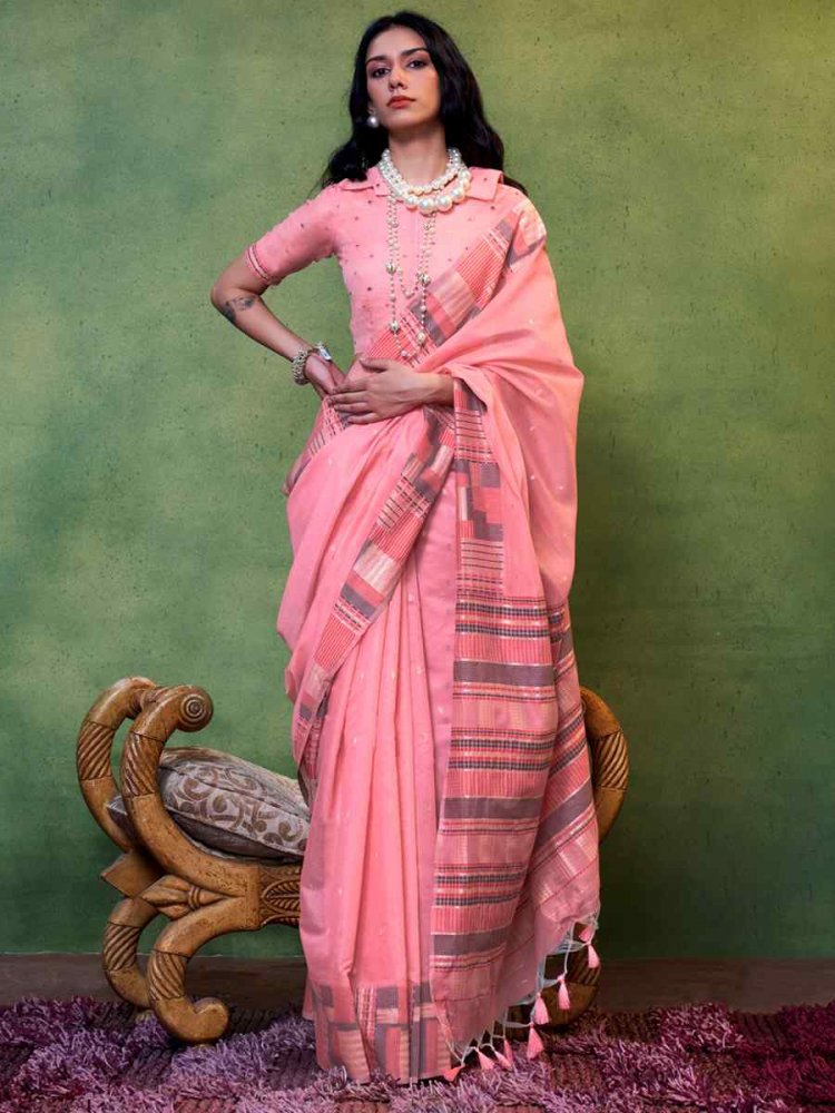 Pink Malmal Cotton Handwoven Wedding Festival Heavy Border Saree