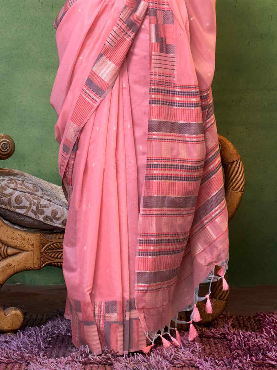 Pink Malmal Cotton Handwoven Wedding Festival Heavy Border Saree