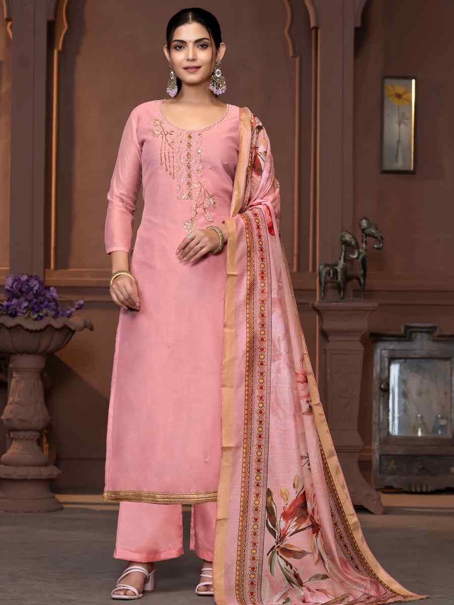 Pink Modal Cotton Embroidered Casual Festival Pant Salwar Kameez