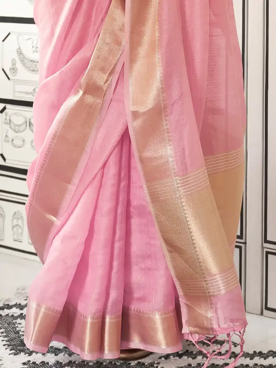 Pink Moss Chiffon Handloom Handwoven Festival Casual Heavy Border Saree