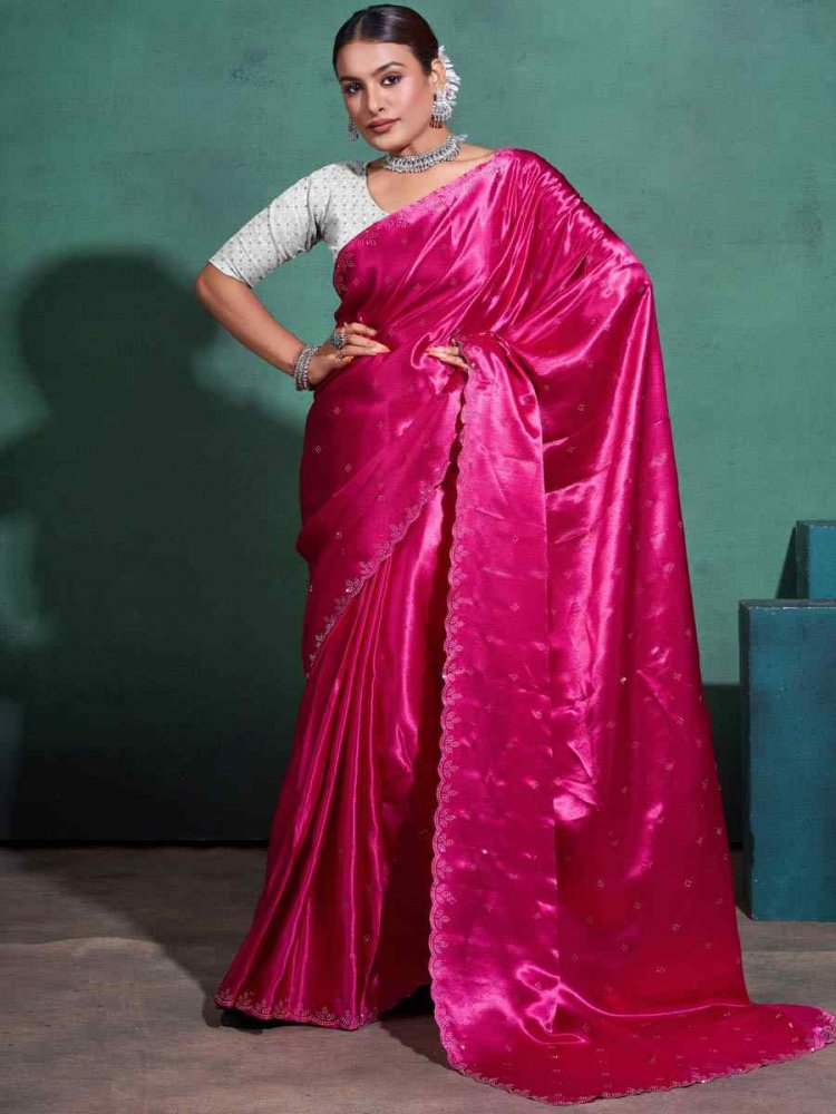 Pink Moss Satin Embroidered Festival Party Heavy Border Saree