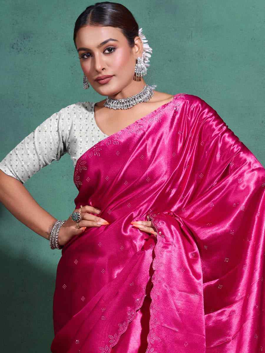 Pink Moss Satin Embroidered Festival Party Heavy Border Saree