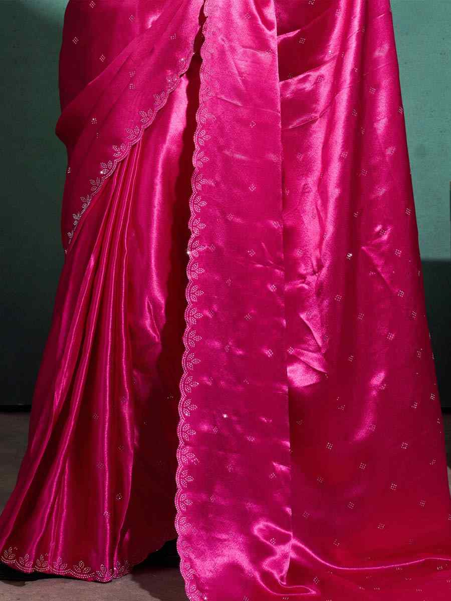 Pink Moss Satin Embroidered Festival Party Heavy Border Saree