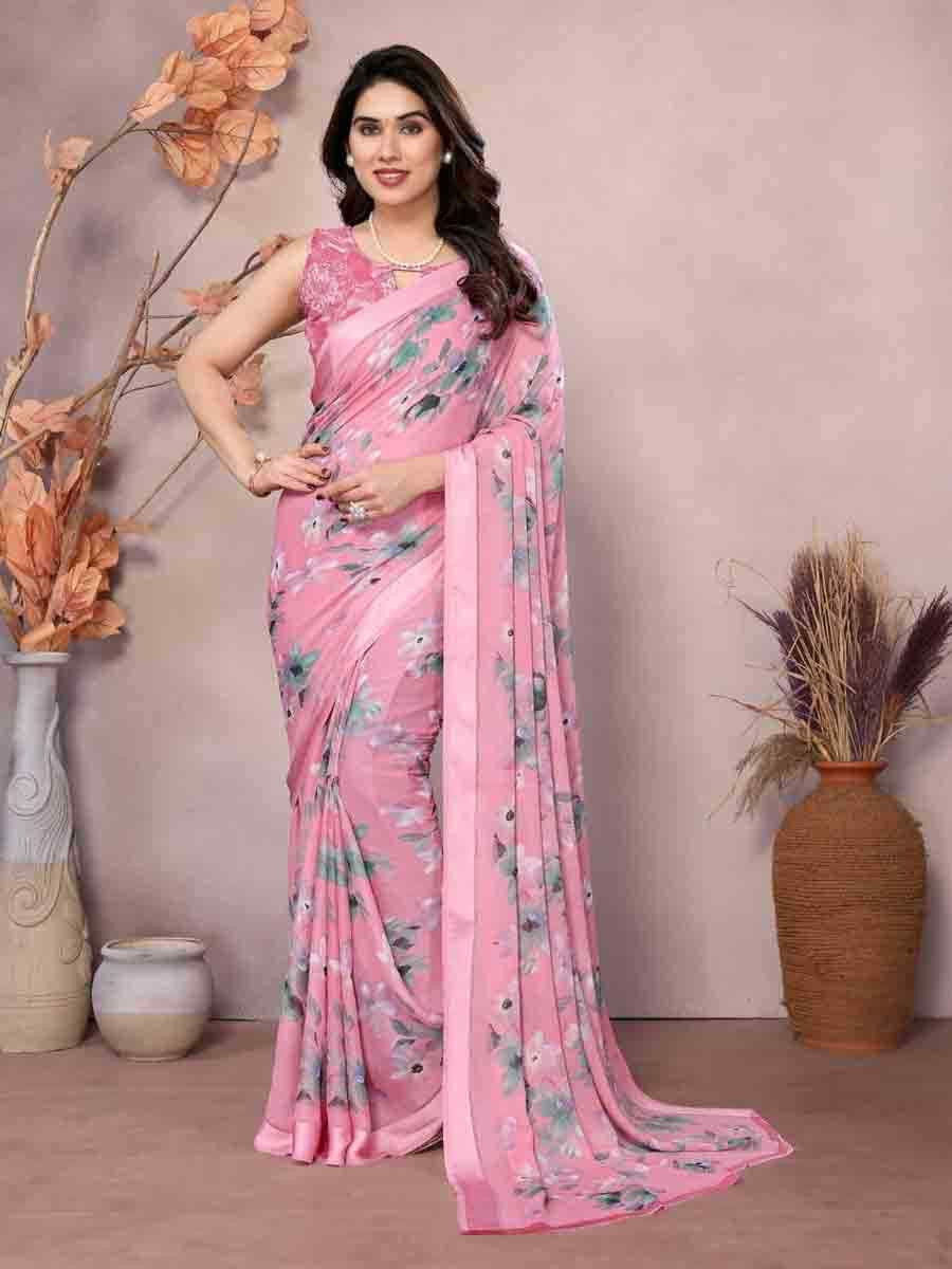 Pink Moss Silk Printed Festival Casual Contemporary Saree