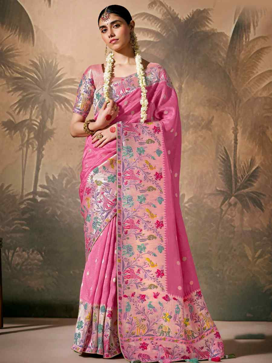 Pink Munga Silk Embroidered Reception Wedding Heavy Border Saree