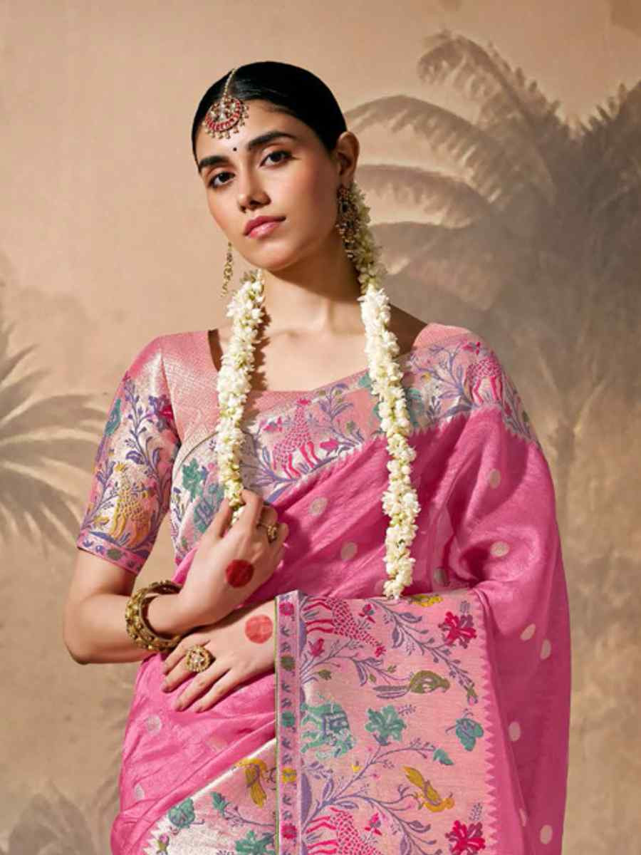 Pink Munga Silk Embroidered Reception Wedding Heavy Border Saree