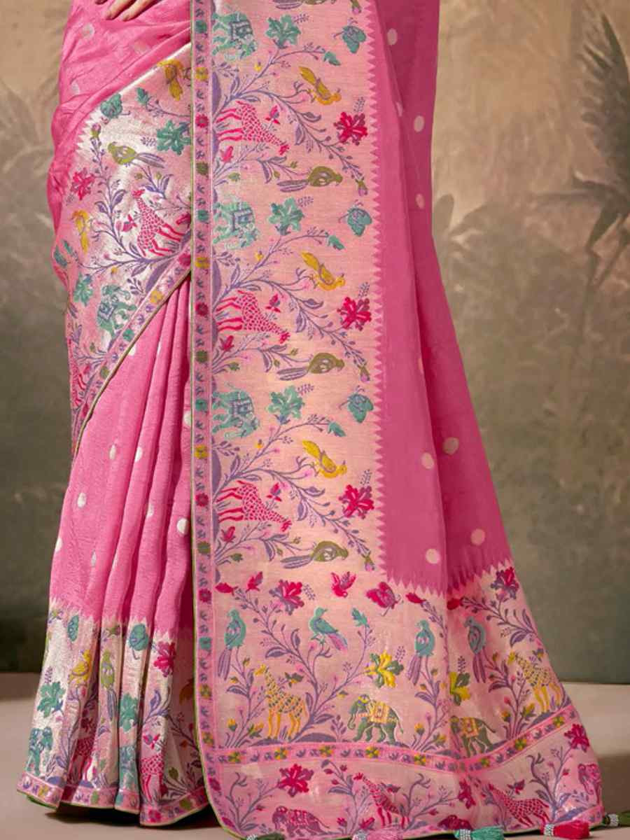 Pink Munga Silk Embroidered Reception Wedding Heavy Border Saree