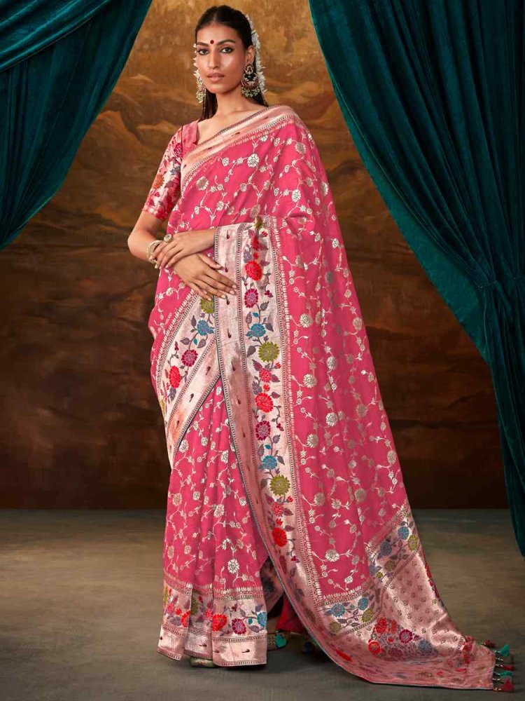 Pink Munga Silk Handwoven Wedding Festival Heavy Border Saree