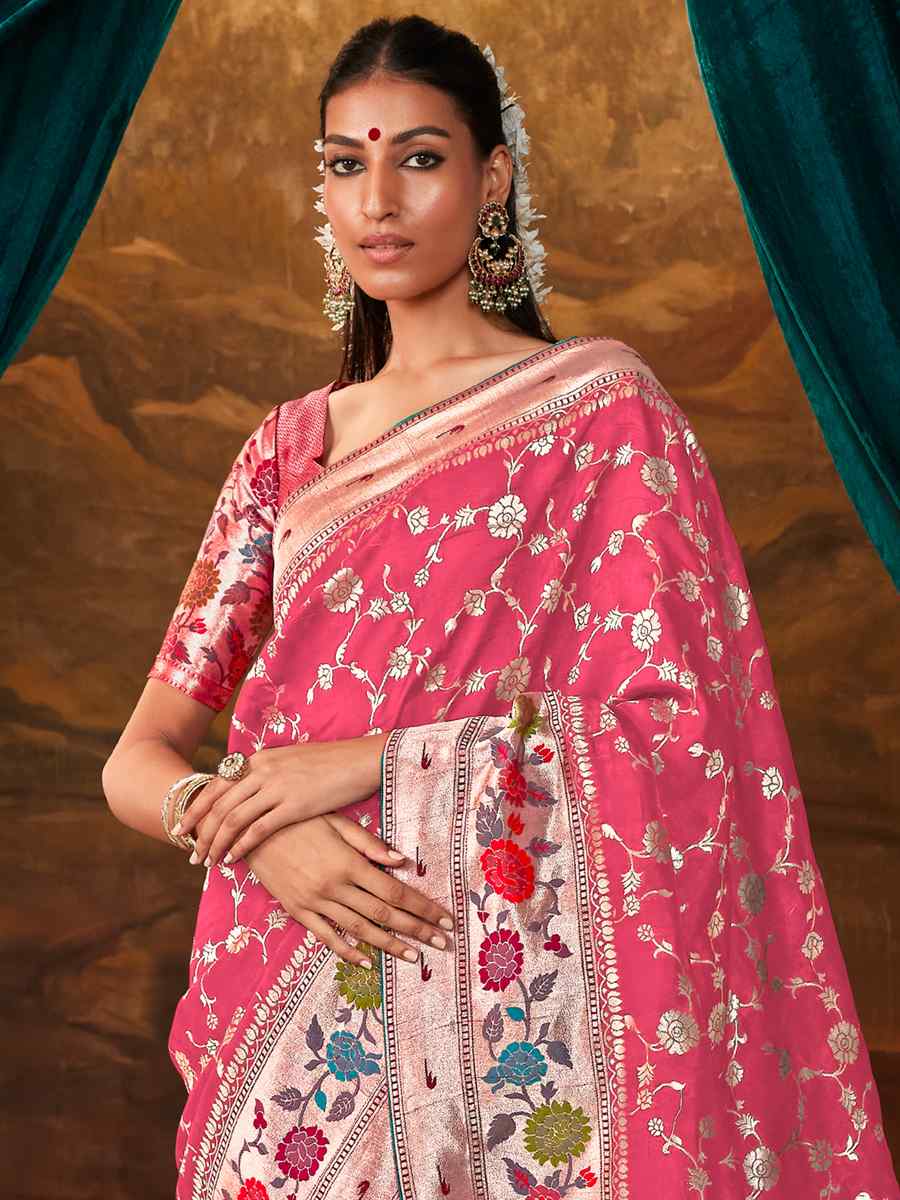 Pink Munga Silk Handwoven Wedding Festival Heavy Border Saree