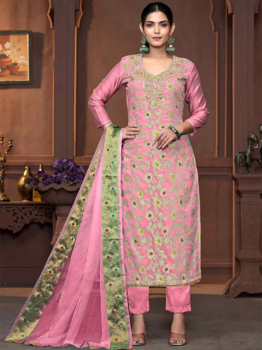 Pink Muslin Banarasi Cotton Embroidered Casual Festival Pant Salwar Kameez