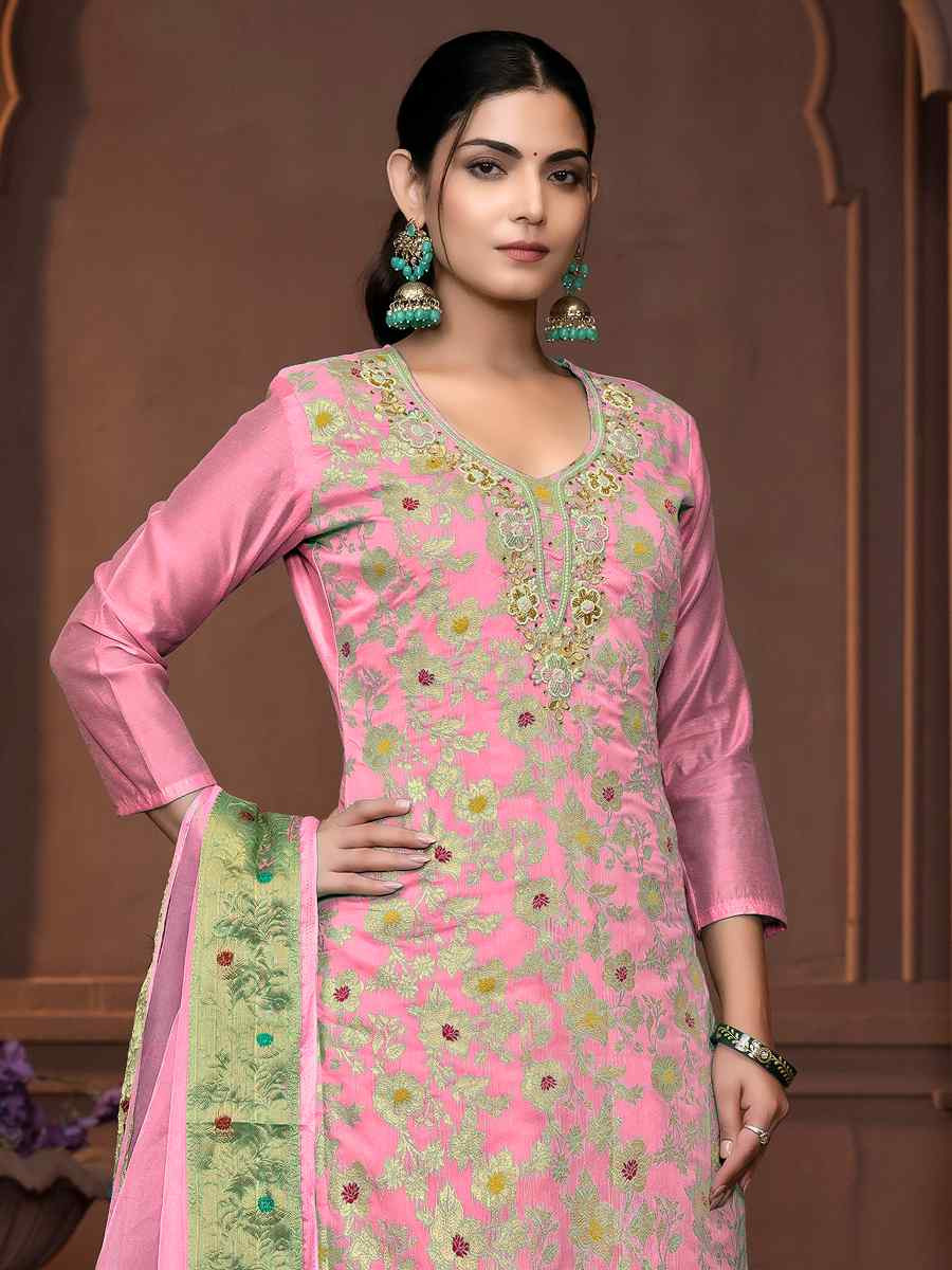 Pink Muslin Banarasi Cotton Embroidered Casual Festival Pant Salwar Kameez