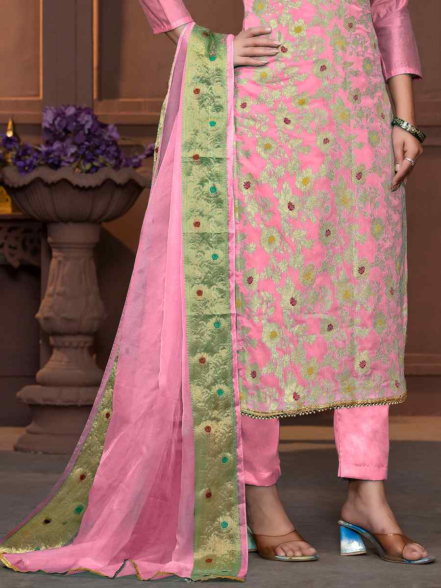 Pink Muslin Banarasi Cotton Embroidered Casual Festival Pant Salwar Kameez