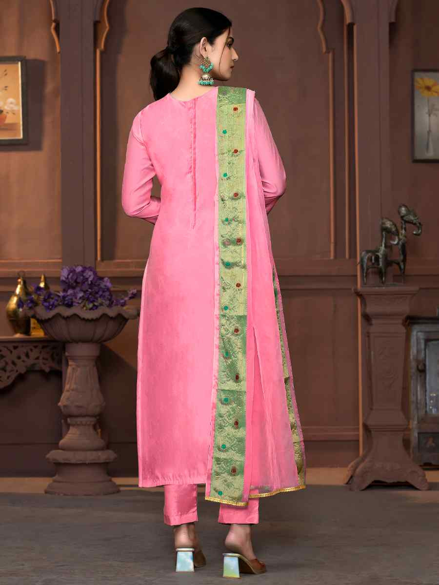 Pink Muslin Banarasi Cotton Embroidered Casual Festival Pant Salwar Kameez