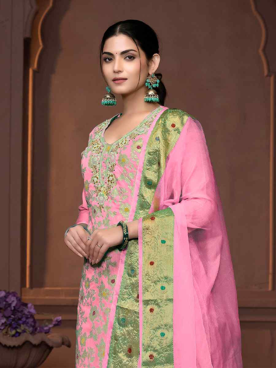 Pink Muslin Banarasi Cotton Embroidered Casual Festival Pant Salwar Kameez