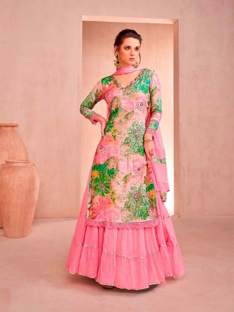 Pink Muslin Embroidered Festival Casual Sharara Pant Salwar Kameez