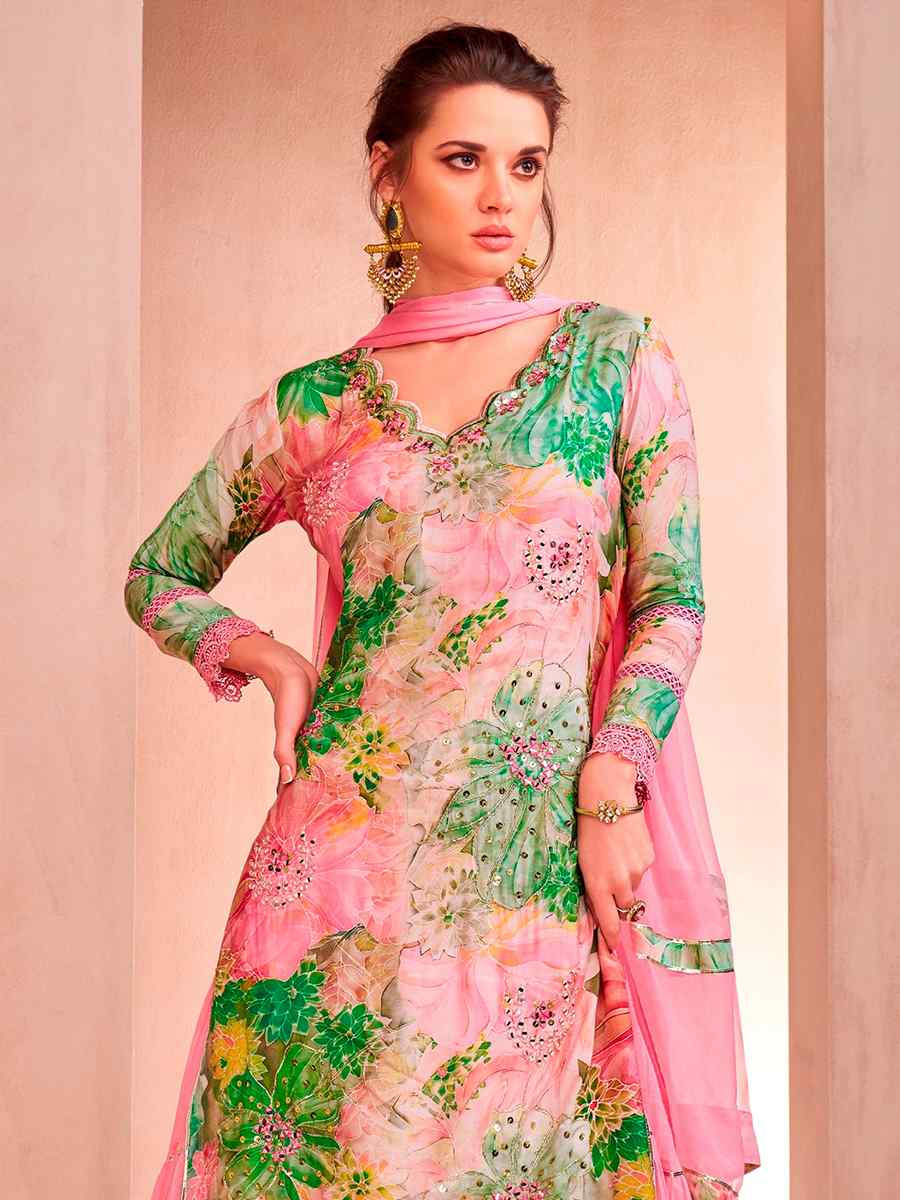 Pink Muslin Embroidered Festival Casual Sharara Pant Salwar Kameez