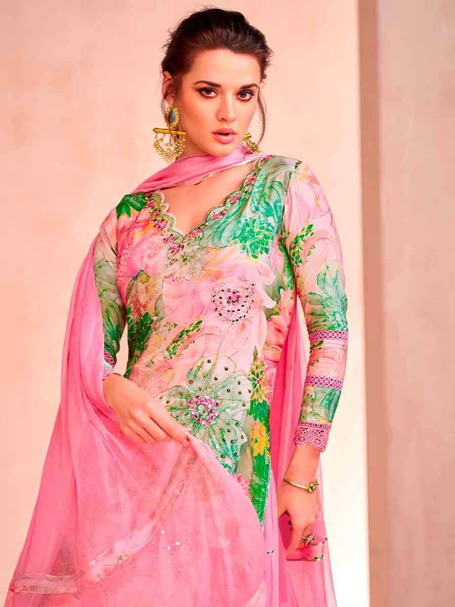 Pink Muslin Embroidered Festival Casual Sharara Pant Salwar Kameez