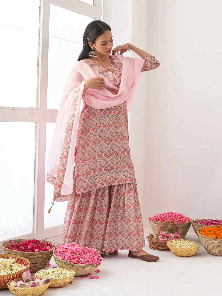 Pink Muslin Printed Festival Casual Palazzo Pant Salwar Kameez