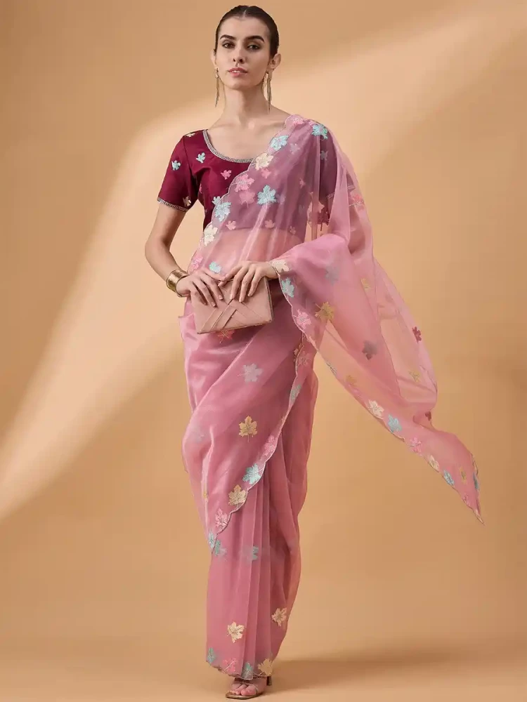 Pink Net Embroidered Festival Casual Classic Style Saree