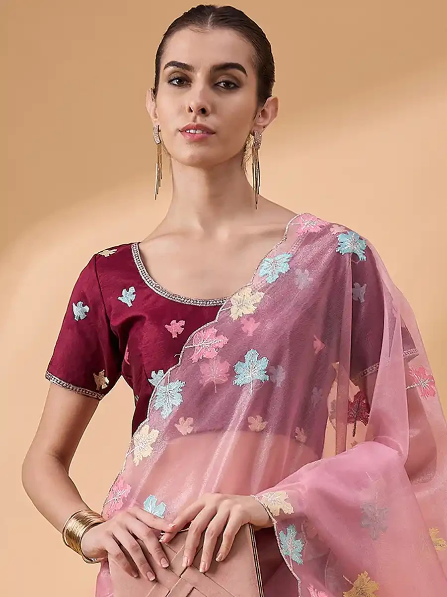 Pink Net Embroidered Festival Casual Classic Style Saree