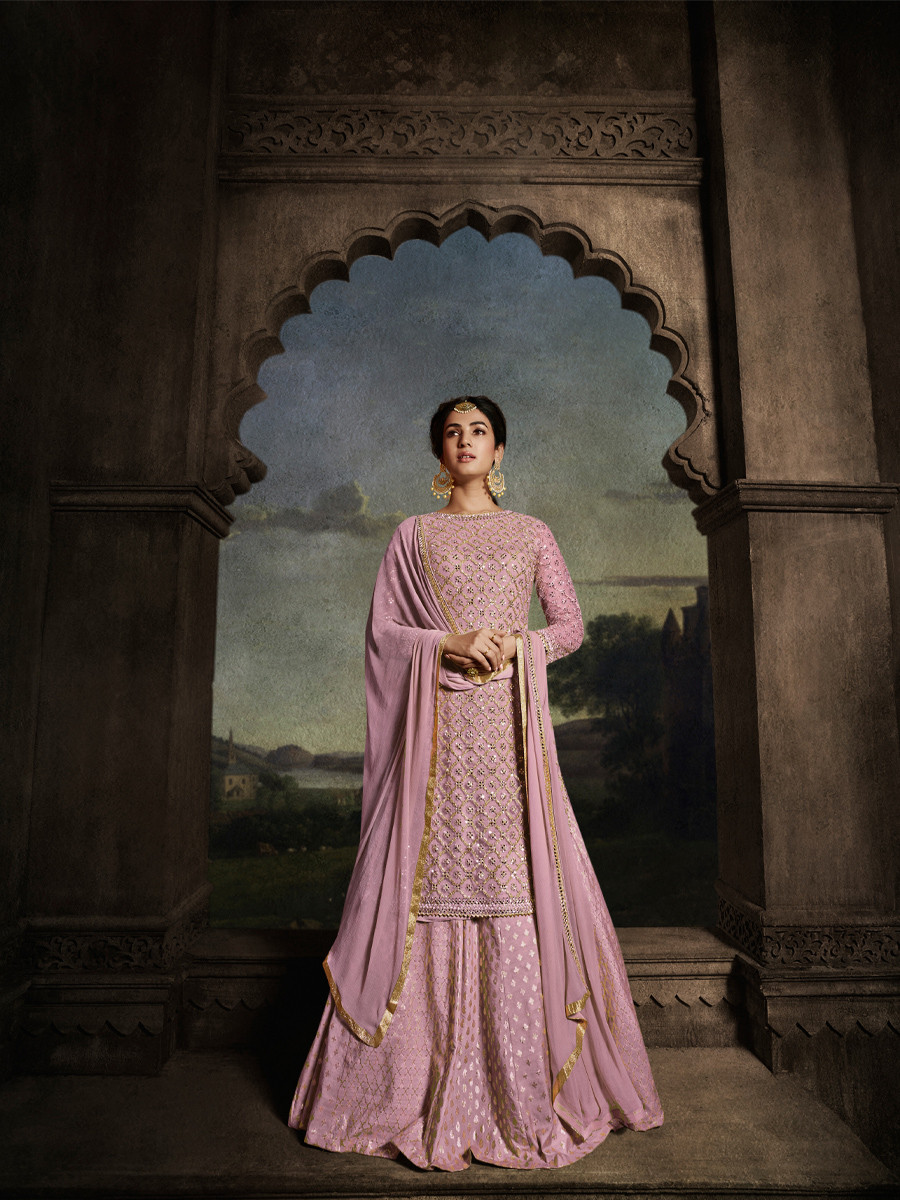 Pink Net Embroidered Festival Wedding Sharara Pant Salwar Kameez