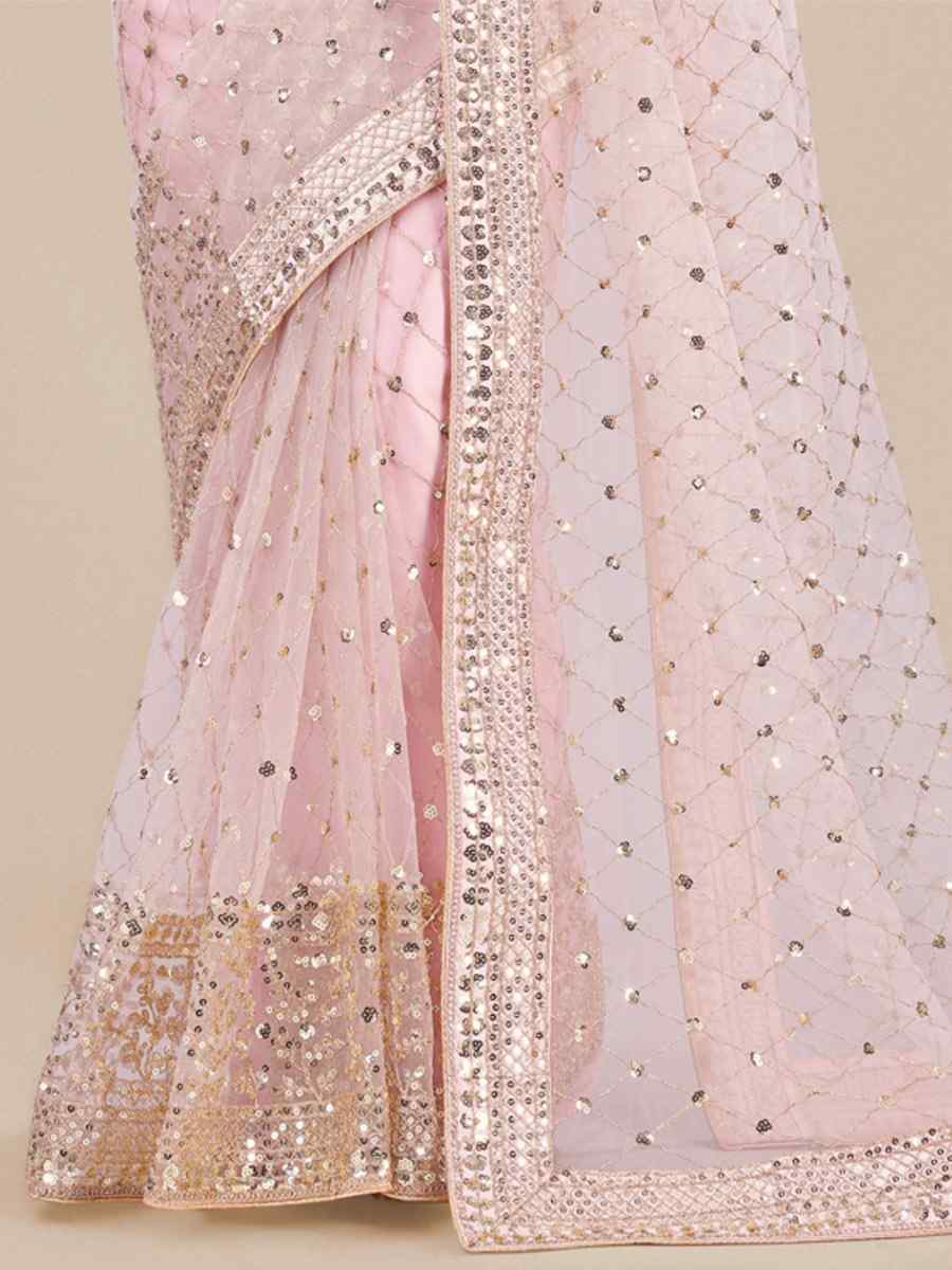 Pink Net Embroidered Party Festival Heavy Border Saree