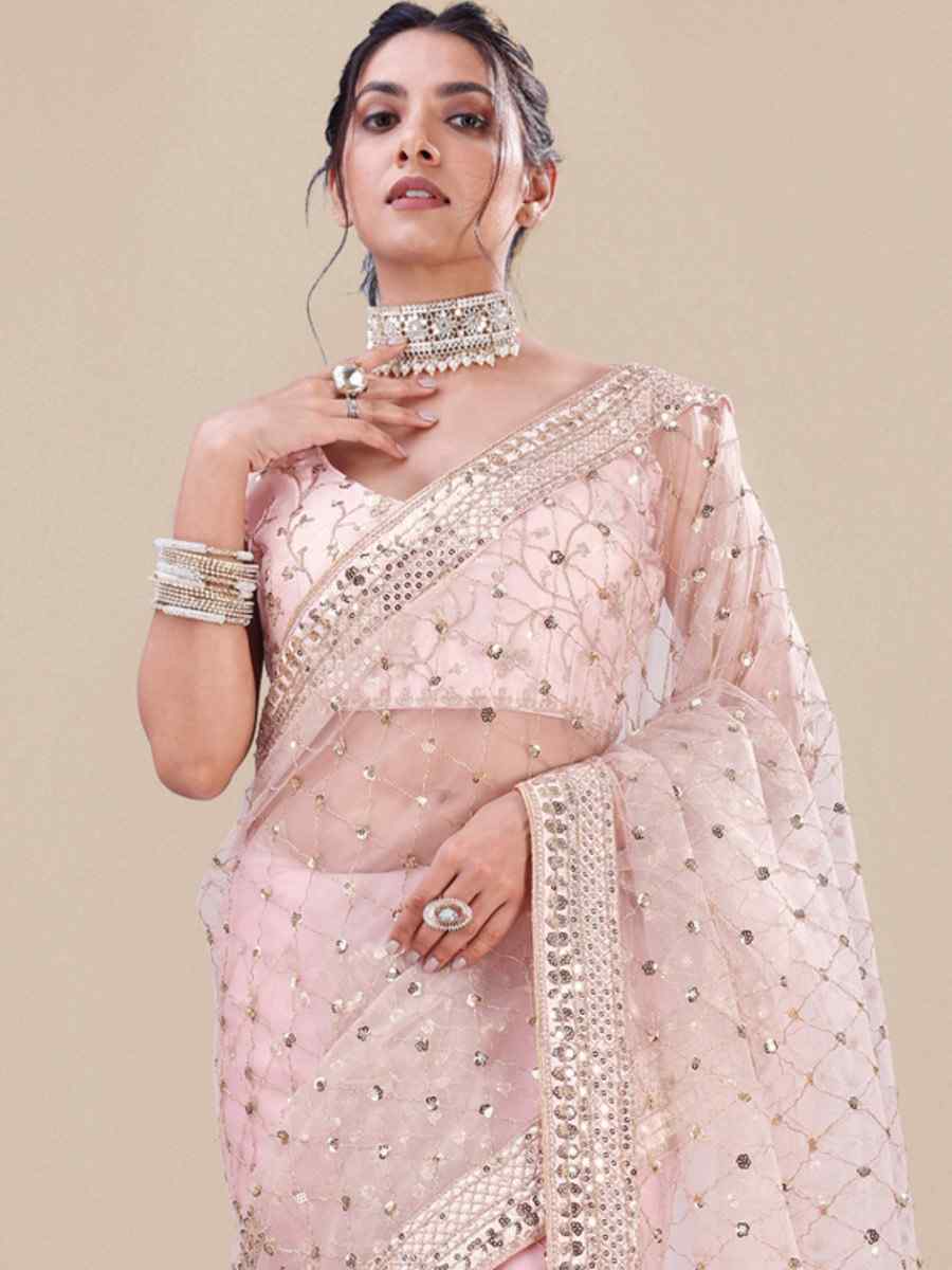 Pink Net Embroidered Party Festival Heavy Border Saree