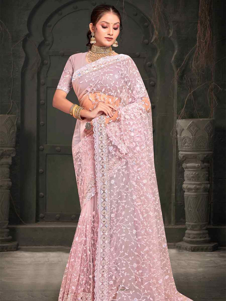 Pink Net Embroidered Reception Party Heavy Border Saree