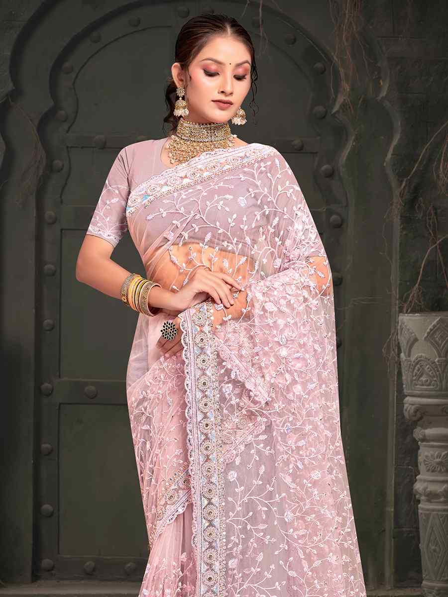 Pink Net Embroidered Reception Party Heavy Border Saree