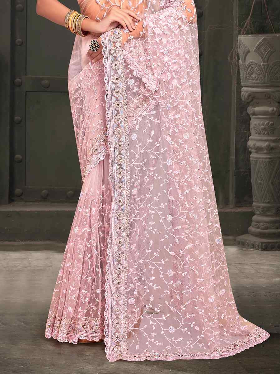 Pink Net Embroidered Reception Party Heavy Border Saree